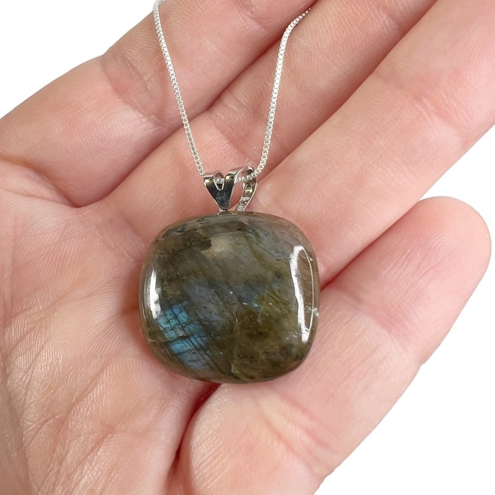 Green & Blue Square Glass Pendant Sterling Silver Box Chain Necklace